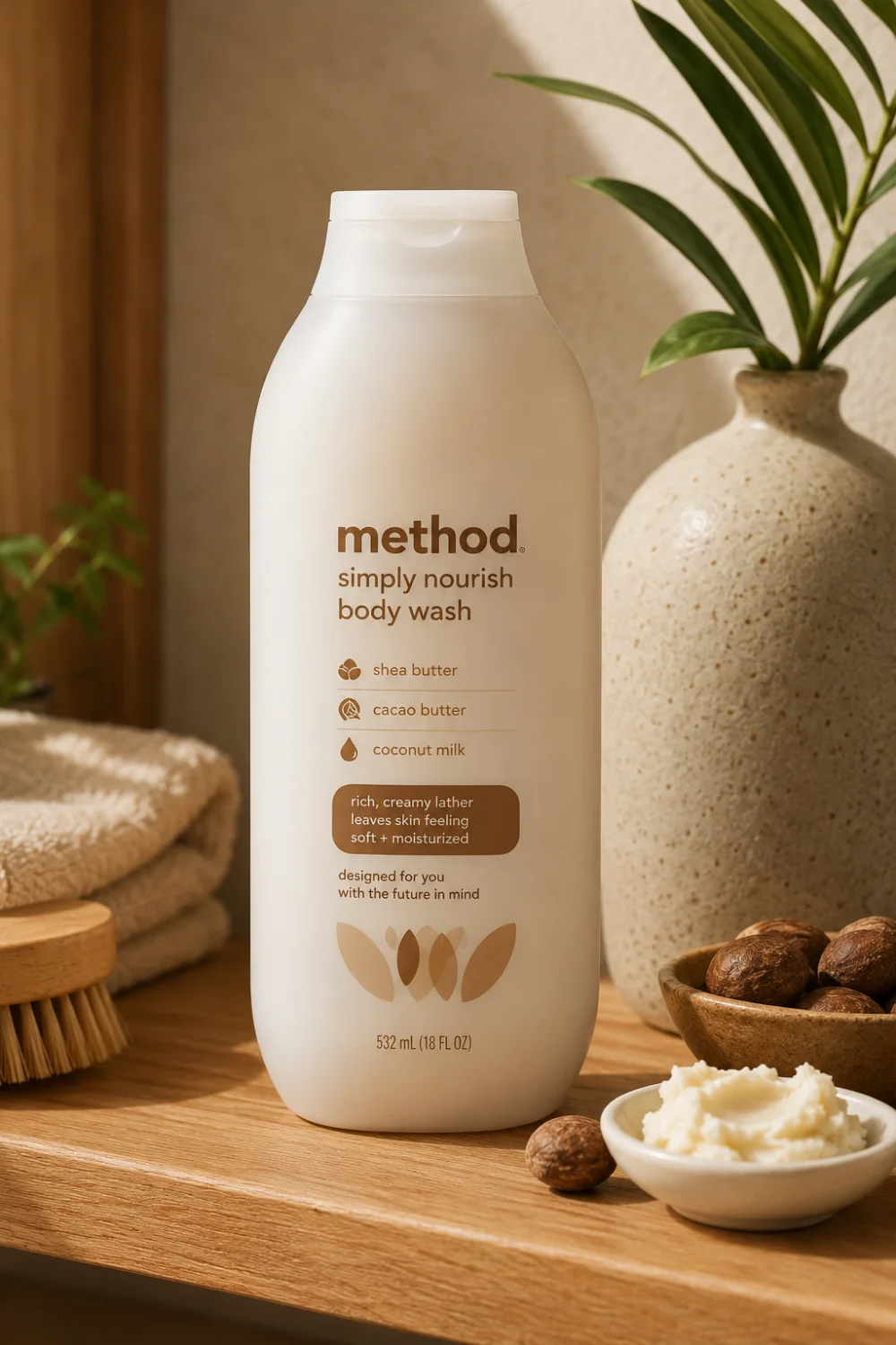 Method Simply Nourish Body Wash bottle displayed with shea butter, cocoa butter, and natural spa accessories on a wooden vanity, showcasing a nourishing body wash designed for smooth hydrated skin.