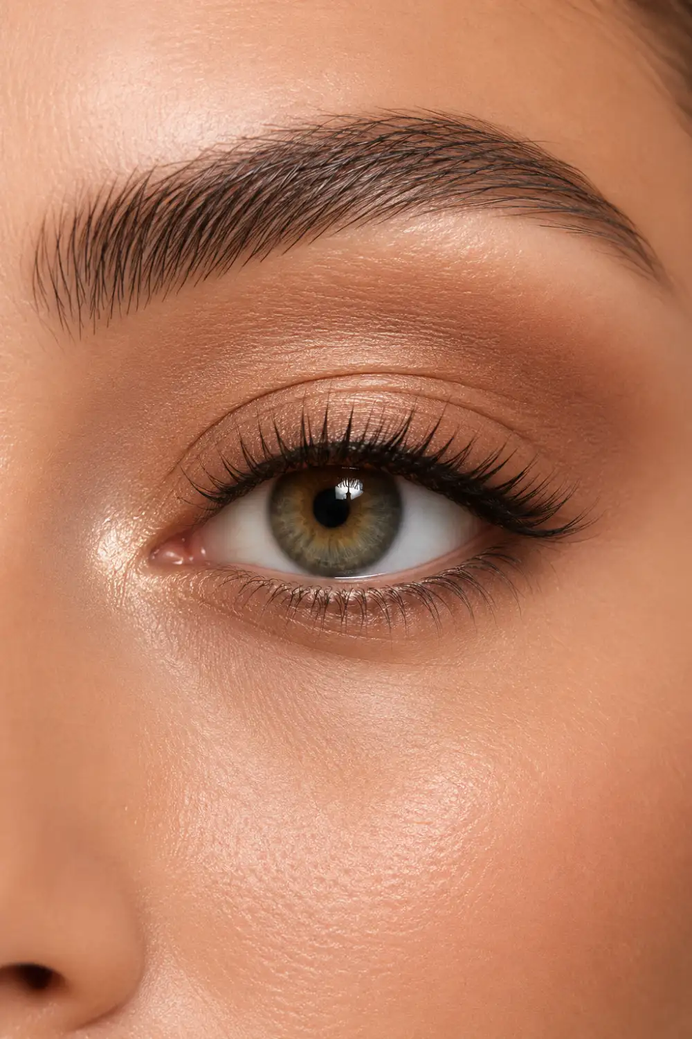 Natural nude glam eye makeup featuring beige and taupe eyeshadow, soft definition, fluttery lashes, glowing skin, and an elegant everyday beauty look perfect for warm weather.