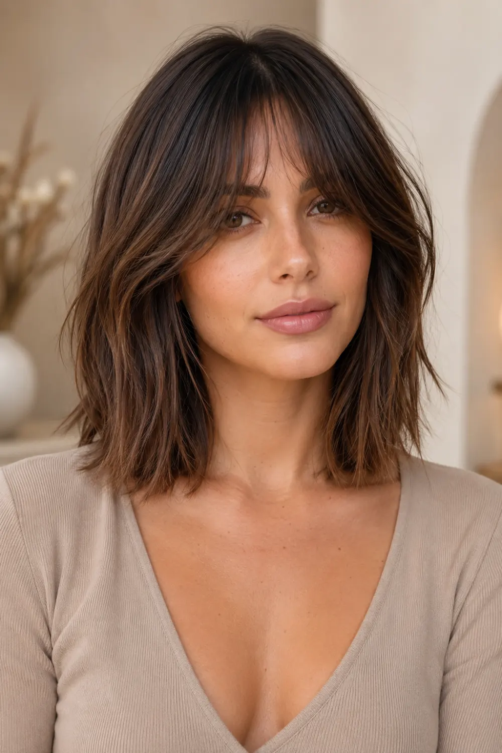 Woman with layered lob haircut and airy curtain fringe featuring textured shoulder-length hair in a salon.