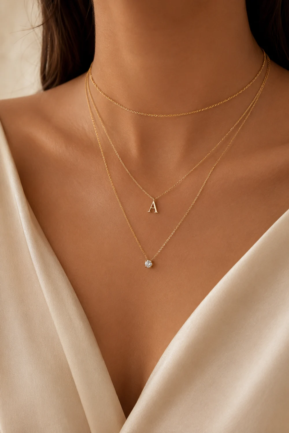 Woman wearing personalized layered necklaces with an initial pendant and crystal charm styled with a neutral satin outfit.