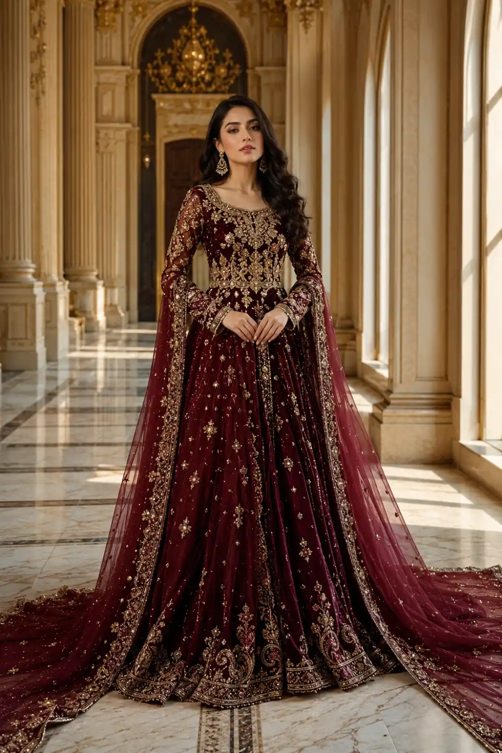 Burgundy velvet-inspired Pakistani maxi dress with antique gold embroidery, sparkling embellishments, detailed floral motifs, and a dramatic embellished dupatta. Luxury designer formal outfit perfect for wedding receptions, engagement celebrations, festive gatherings, and traditional Pakistani fashion looks.