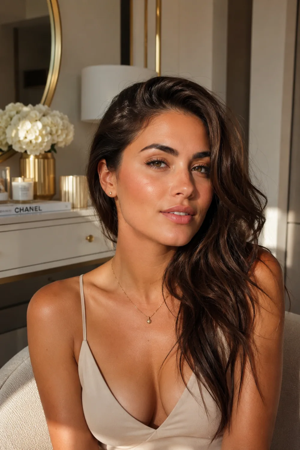 Stunning woman with sun kissed bronze glow makeup, radiant complexion, softly sculpted features, nude lips, and luminous skin sitting in a luxury vanity room with warm sunlight and elegant beauty styling.