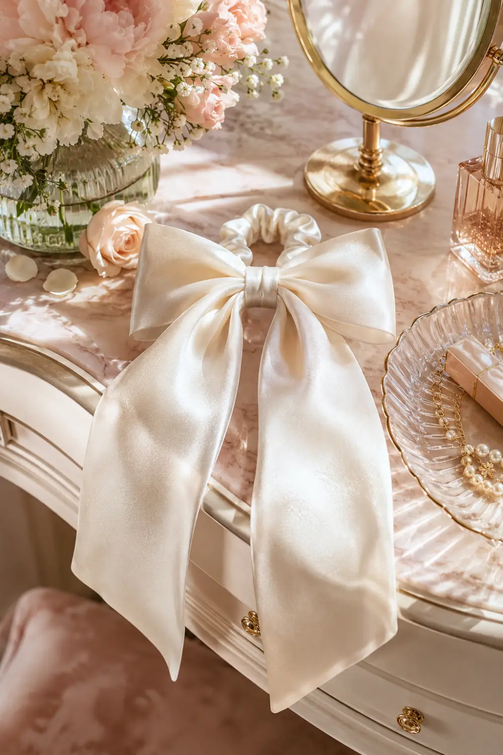 Ivory satin bow ponytail holder featuring a large flowing ribbon bow displayed on a luxury vanity with flowers, perfume bottles, pearl jewelry, and feminine decor. The glossy satin finish and oversized design create an elegant statement accessory ideal for romantic hairstyles, bridal fashion, and sophisticated ponytail looks.