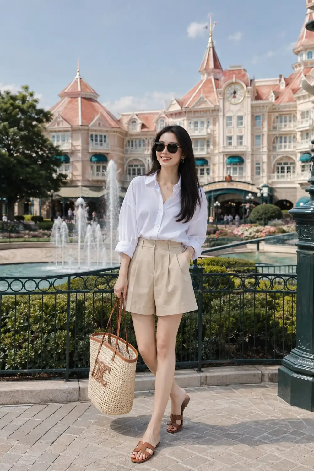 Elegant woman wearing a crisp white button-down shirt, tailored beige shorts, sunglasses, woven tote bag, and flat sandals while walking through a luxury Disney-style resort with fountains and manicured gardens.