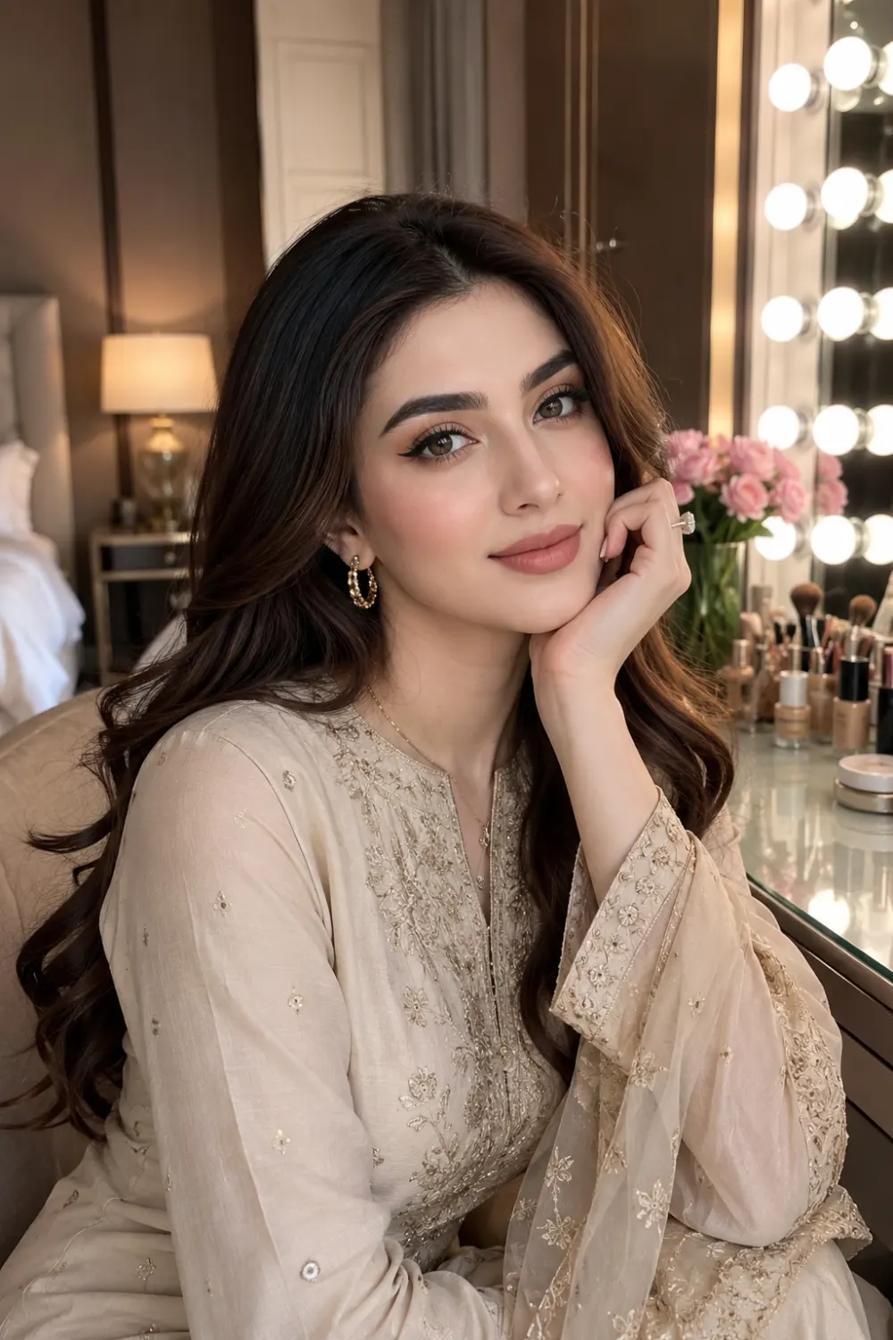 Beautiful woman wearing soft winged eyeliner makeup with defined eyes, glowing complexion, nude lips, and elegant styling while sitting at a luxury vanity table. Professional office makeup inspiration combining subtle eye definition with polished corporate beauty and modern workplace fashion.