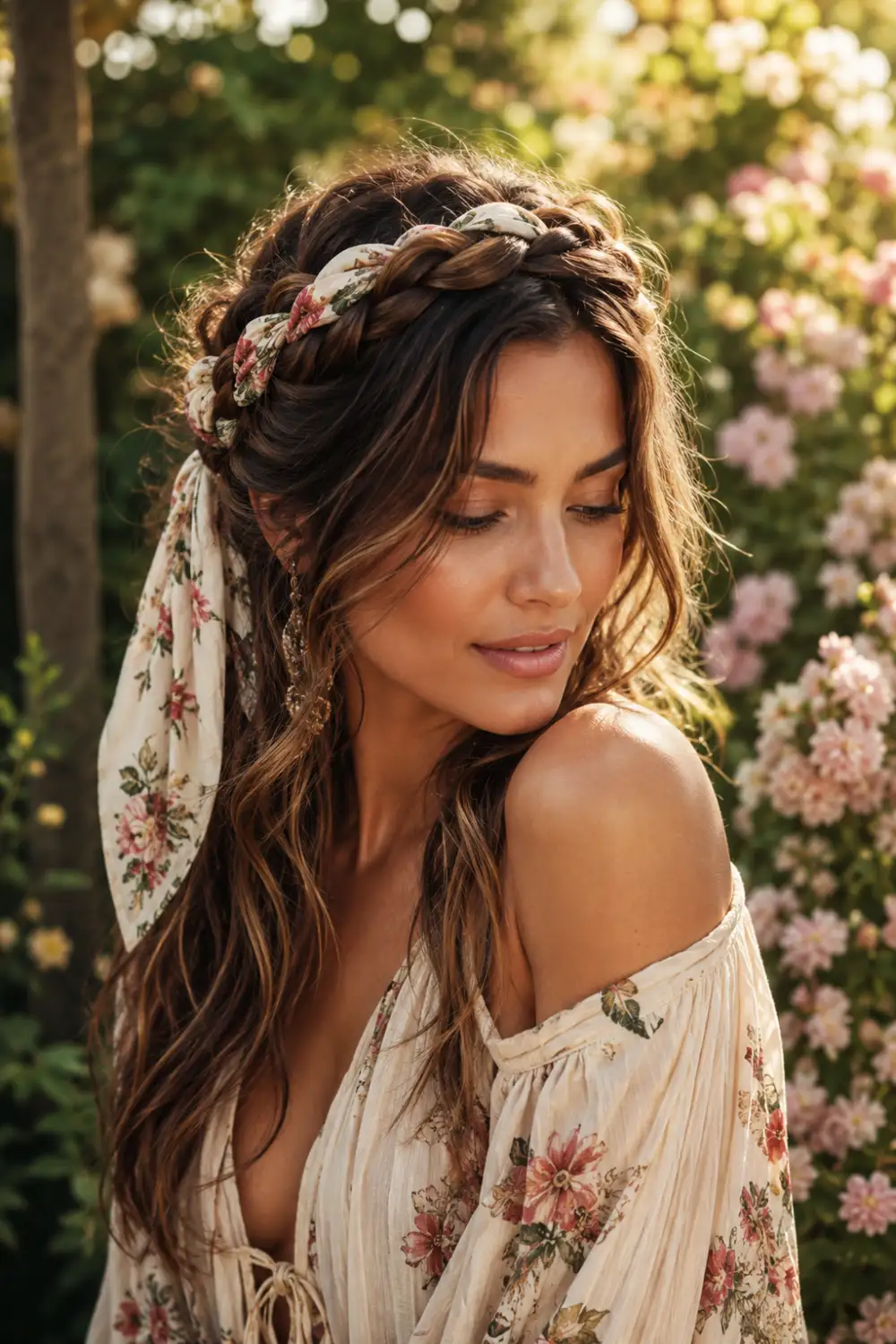 Romantic braided crown hairstyle woven with a floral bandana, featuring soft waves, boho-inspired details, and a dreamy garden setting filled with blooming flowers.