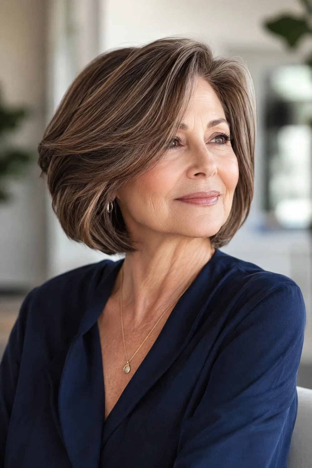 Layered bob with lifted crown for older women featuring brunette hair, voluminous crown layers, smooth sides, elegant structure, and a fuller-looking hairstyle with added height.