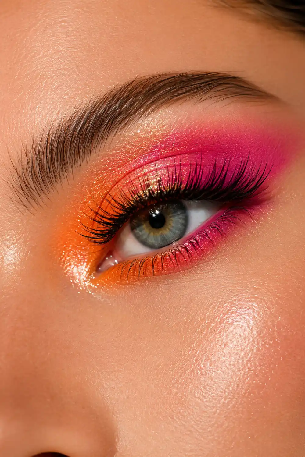 Pink and orange summer glow eye makeup featuring vibrant coral, tangerine, and hot pink eyeshadow blended smoothly across the eyelid with shimmer accents, long lashes, and radiant glowing skin.