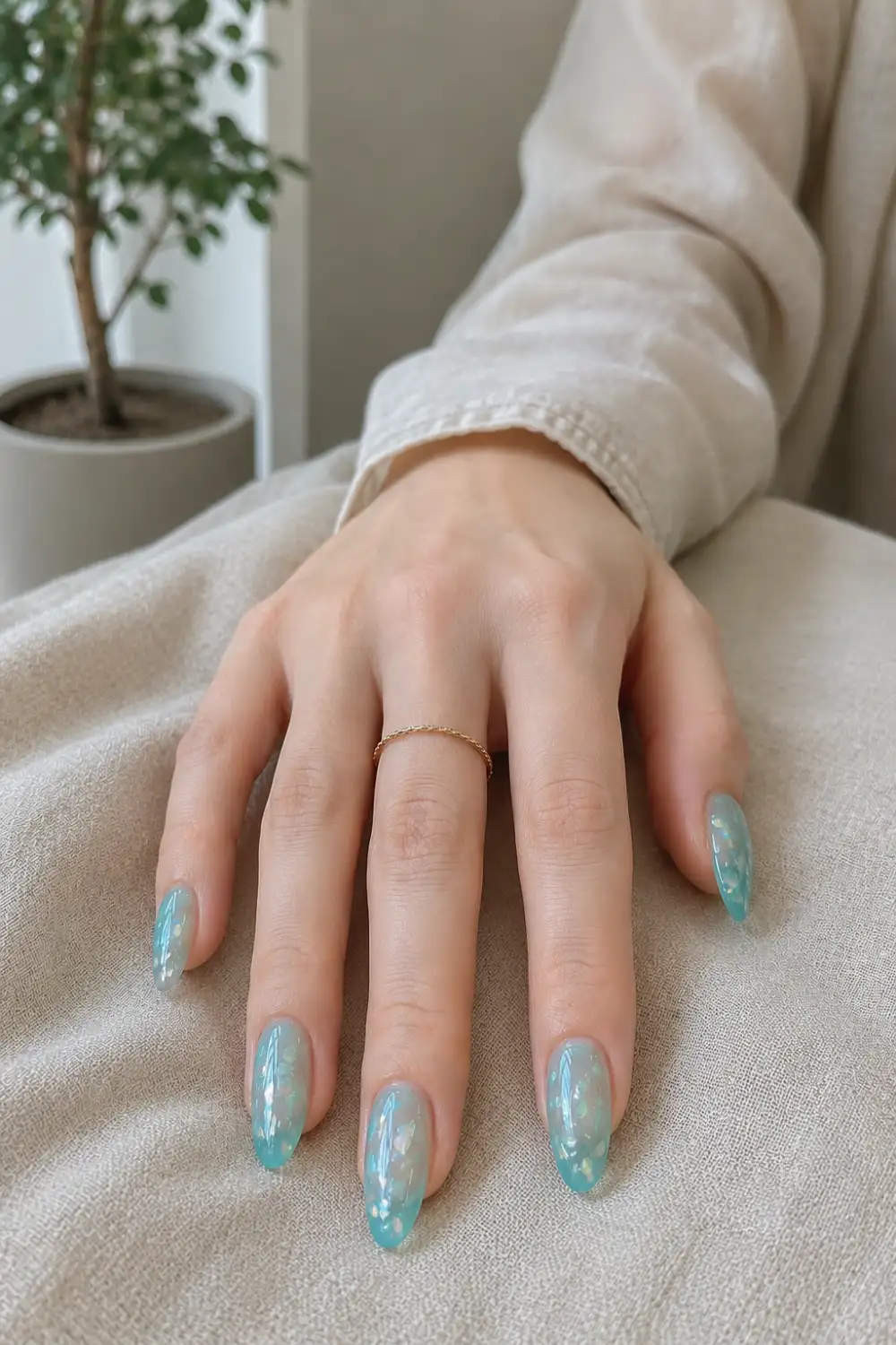 Mermaid jelly almond nails with translucent aqua blue gel polish, iridescent shimmer details, glossy finish, and ocean-inspired nail art for a fresh modern manicure.