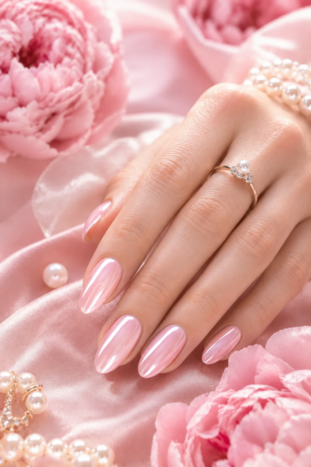 Rose pink glazed donut nails with reflective chrome shine on almond shaped nails, romantic pink manicure surrounded by soft pink flowers and pearl accents