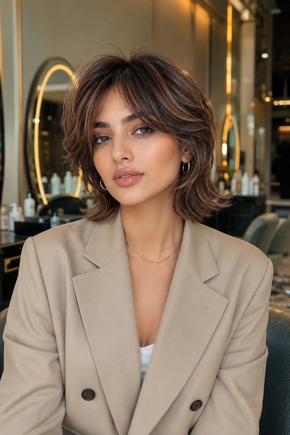 Woman with a Soft Shag Bixie haircut featuring textured layers, feathered ends, soft brunette tones, and effortless volume in a luxury salon setting, perfect for modern Summer 2026 hairstyle inspiration.