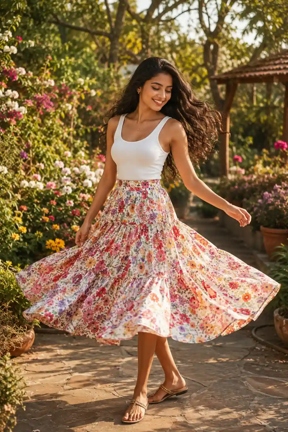 Beautiful Indian woman wearing a fitted white tank top and colorful floral printed midi skirt, twirling in a flower garden, feminine summer outfit with flowy movement and romantic styling.