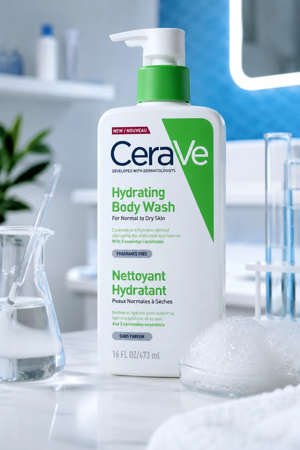 CeraVe Hydrating Body Wash bottle in a dermatologist-inspired skincare setting with scientific glassware, clean blue accents, and bright lighting, emphasizing hydration and skin barrier protection.