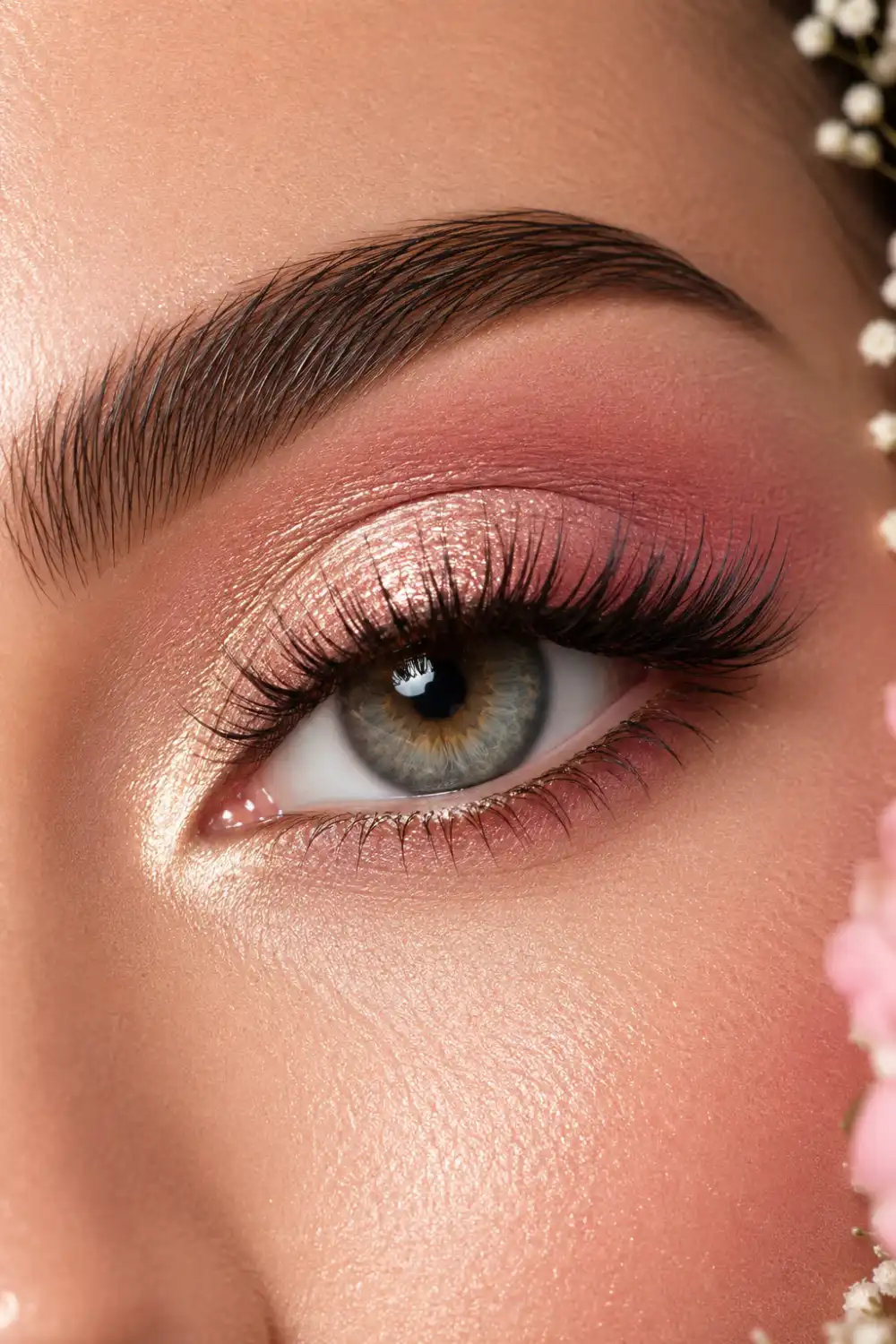 Soft peach monochromatic eye makeup featuring peach shimmer eyeshadow, rosy undertones, long lashes, radiant skin, and a feminine beauty aesthetic perfect for summer makeup inspiration.