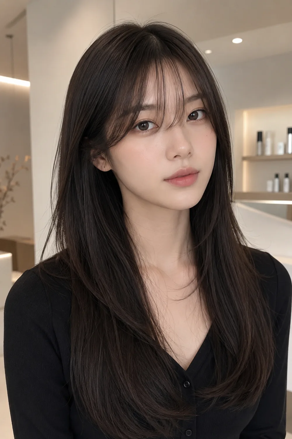 Woman with Korean-inspired air curtain bangs and sleek long layered hair in a contemporary salon setting.