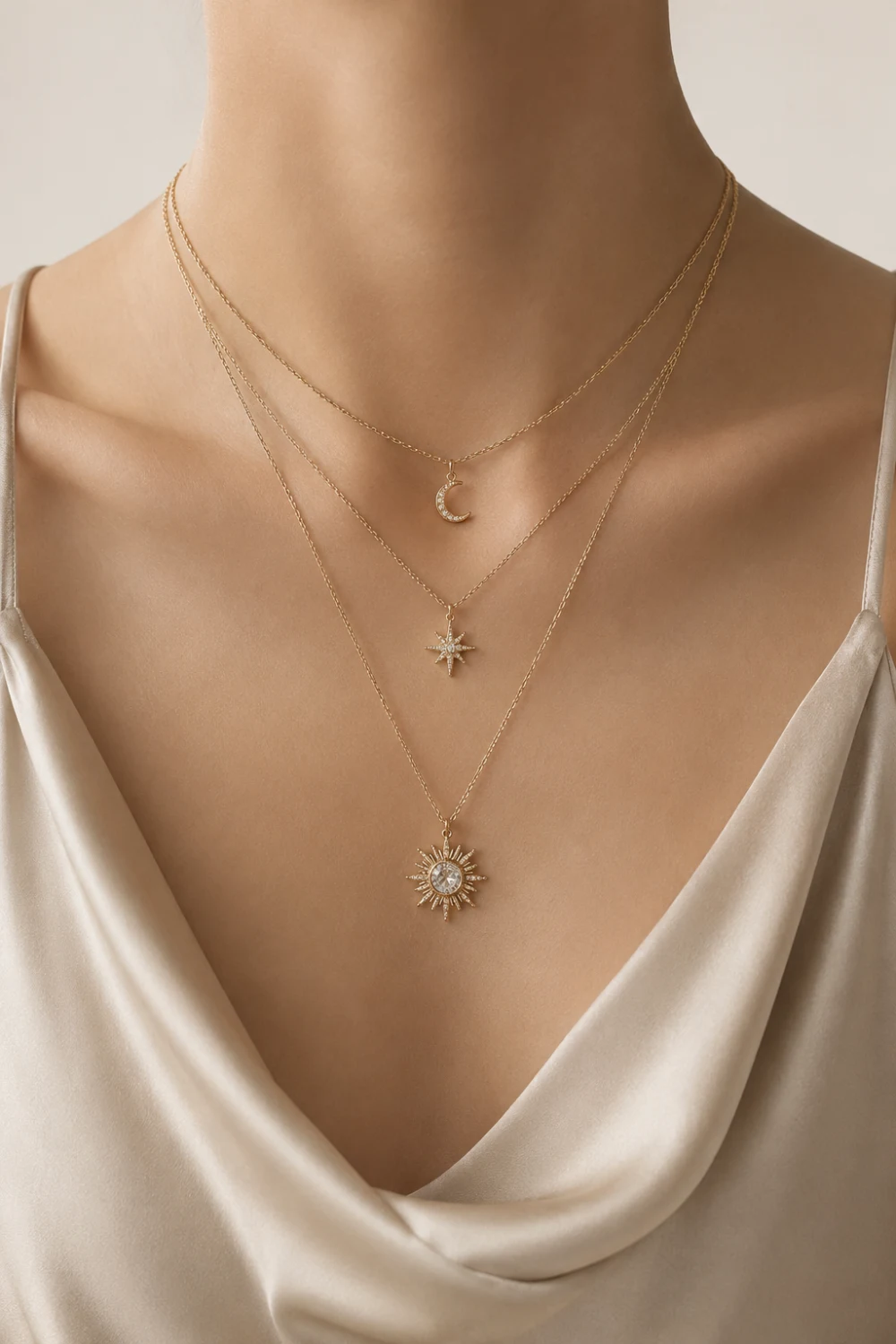Woman wearing celestial charm layered necklaces with moon, star, and sun pendants styled with a soft satin cream top.