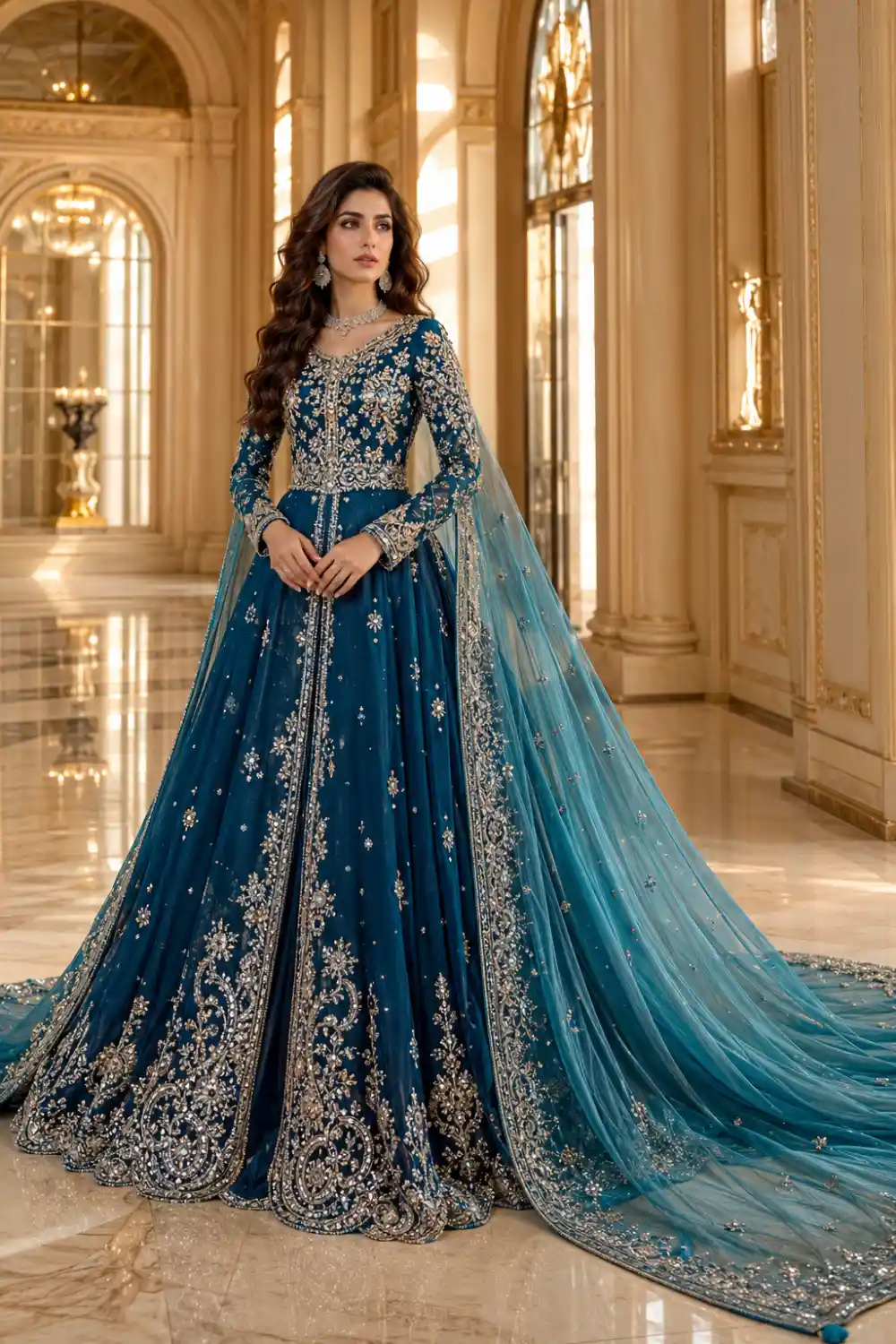 Royal teal blue Pakistani formal maxi dress featuring detailed silver embroidery, crystal embellishments, ornate floral patterns, and a flowing embellished dupatta. Elegant designer party wear outfit ideal for wedding receptions, engagement ceremonies, formal events, and luxury Pakistani fashion inspiration.