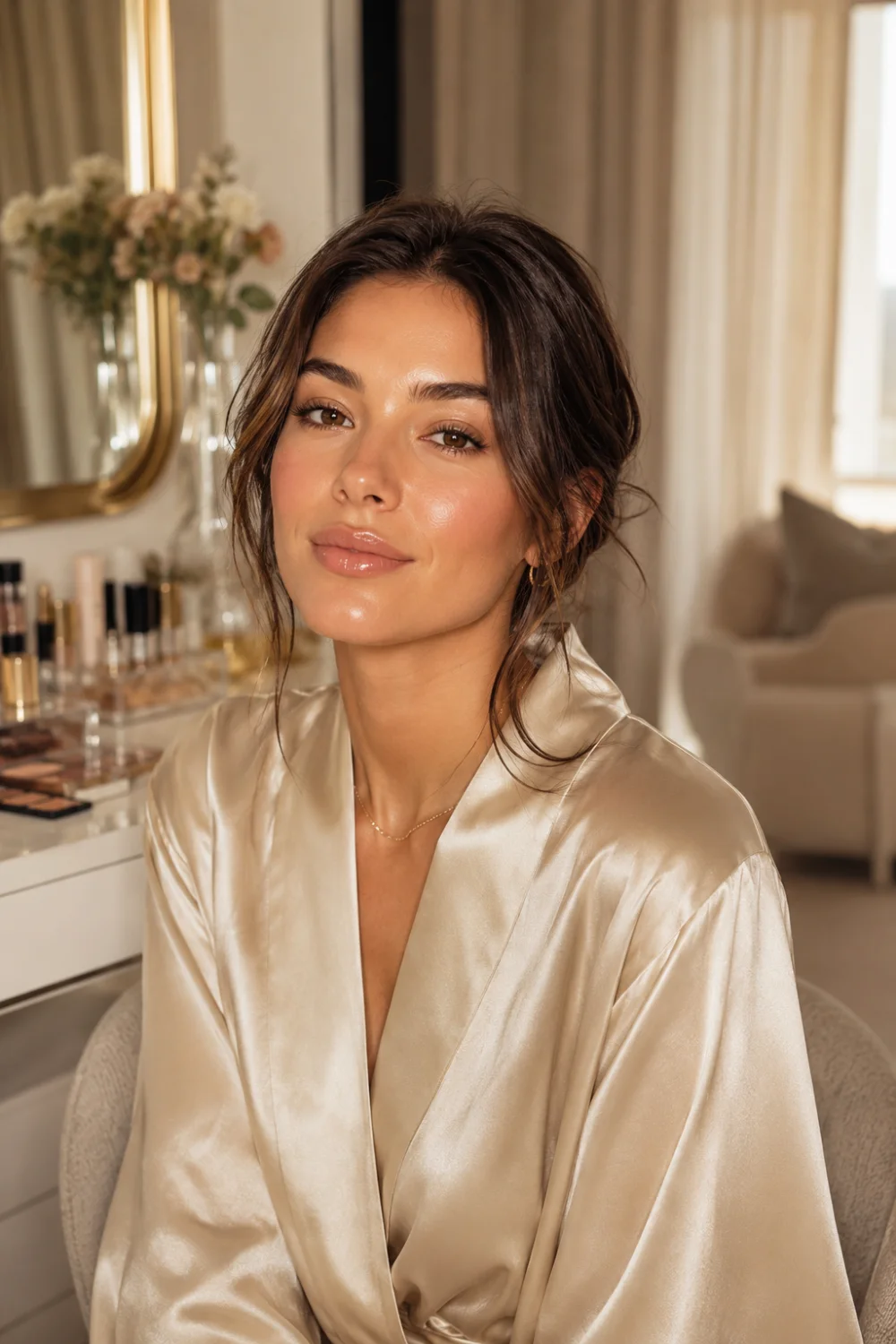 Beautiful woman wearing barely there neutral eyeshadow, glowing complexion, natural brows, nude glossy lips, and soft everyday makeup while seated in an elegant home vanity space with luxury beauty aesthetics.