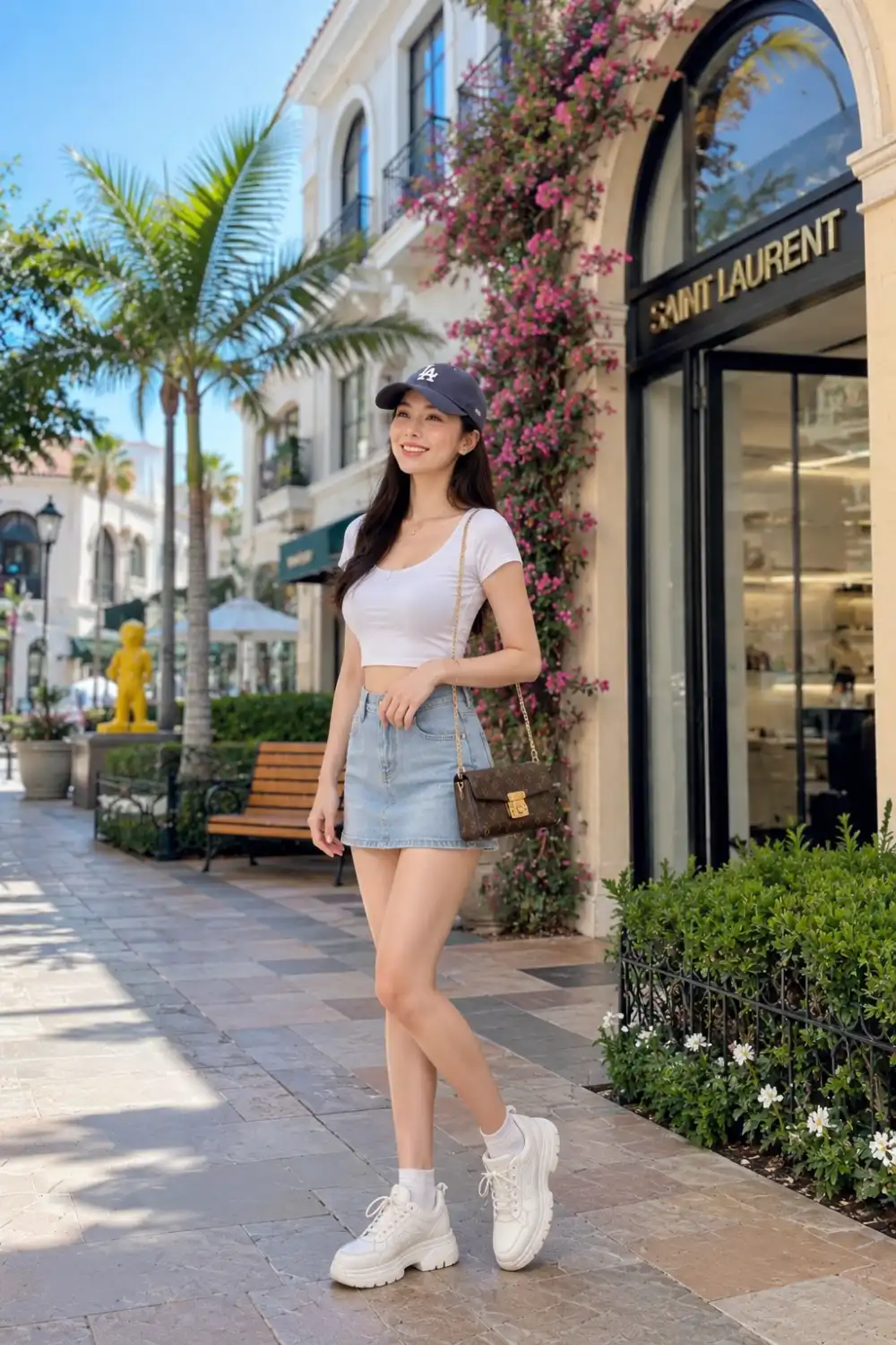 Trendy woman wearing a fitted white top, light wash denim mini skirt, chunky sneakers, baseball cap, and designer-style shoulder bag while walking through a colorful outdoor shopping district on a sunny day.
