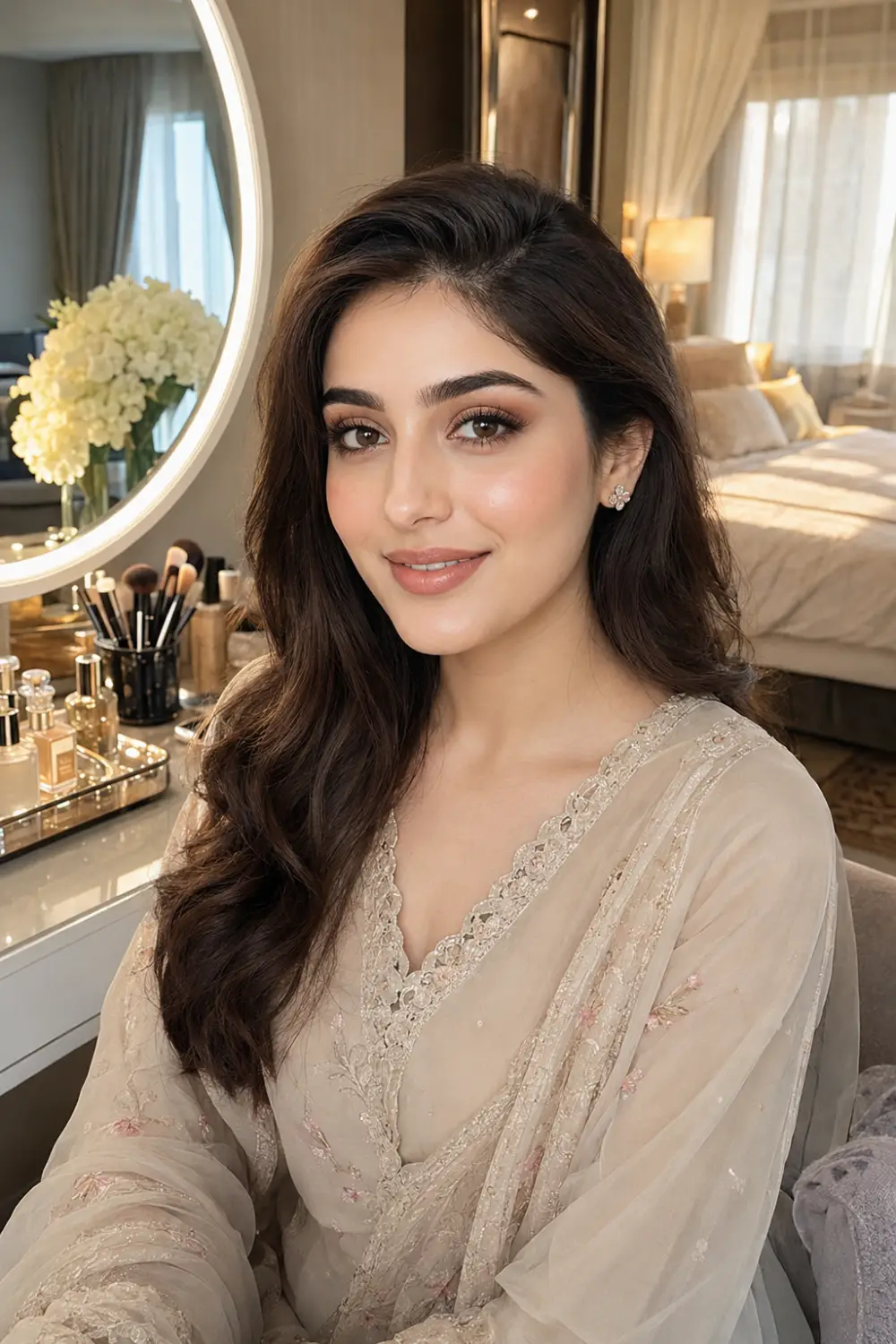 Beautiful woman wearing peachy professional makeup with warm blush tones, radiant skin, soft eye makeup, peach nude lips, and elegant styling while seated at a sophisticated vanity in a luxury bedroom. Fresh office makeup inspiration for modern corporate women.