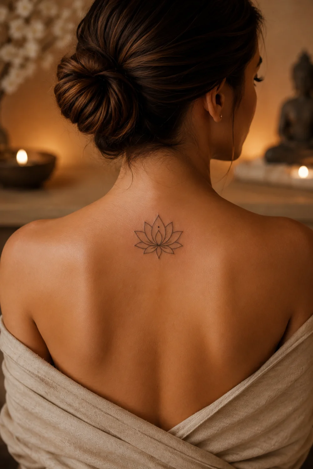 Lotus flower tattoo on a woman's upper back featuring minimalist fine line petals, spiritual tattoo inspiration, elegant black ink lotus design, feminine body art, and aesthetic tattoo placement ideas.