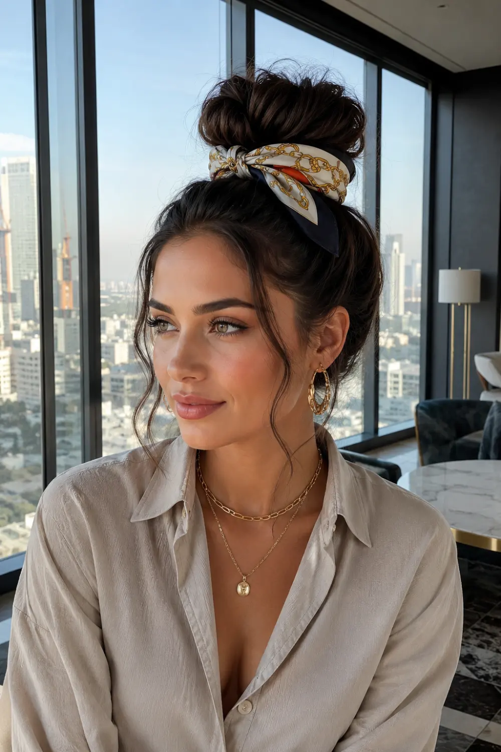 Stylish top knot bun wrapped with a luxury silk bandana, featuring soft face-framing strands, elegant accessories, and a modern city-inspired fashion aesthetic.