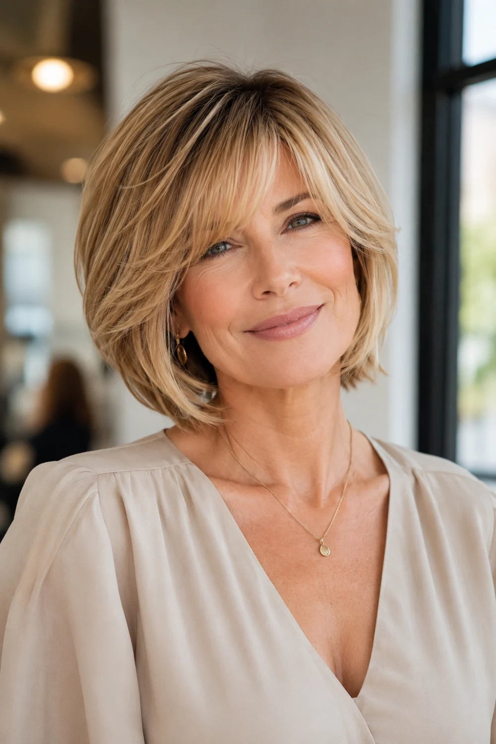 Layered bob haircut with wispy bangs for older women featuring warm blonde hair, soft fringe, face-framing layers, natural volume, and a youthful textured finish.