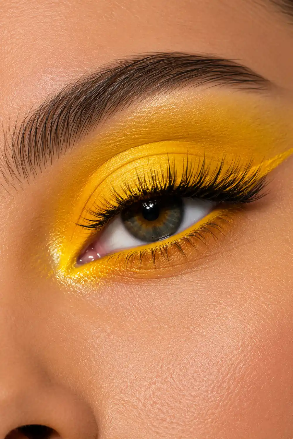 Bold yellow monochromatic eye makeup featuring rich sunflower yellow eyeshadow, bright yellow eyeliner, glowing inner corner highlight, dramatic lashes, flawless skin, and vibrant summer beauty inspiration.