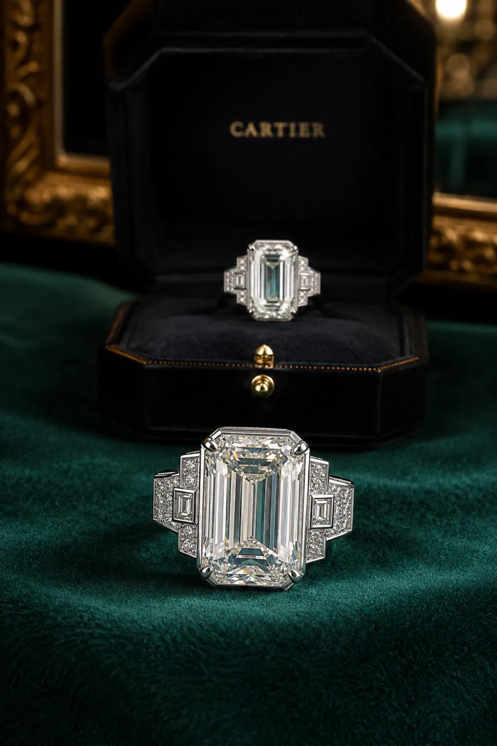 Art Deco emerald cut engagement ring featuring large emerald-cut diamond, geometric side accents, vintage-inspired luxury design, elegant velvet ring box, glamorous bridal jewelry inspiration.