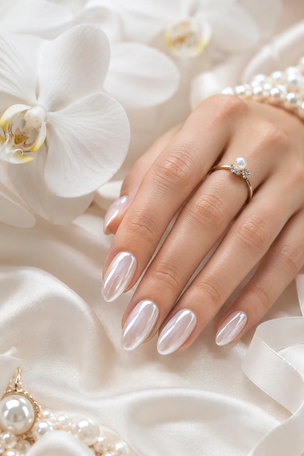 Pearl chrome glazed donut nails with luminous white shimmer on almond nails, luxury bridal manicure with satin fabric, orchids, and pearl jewelry styling