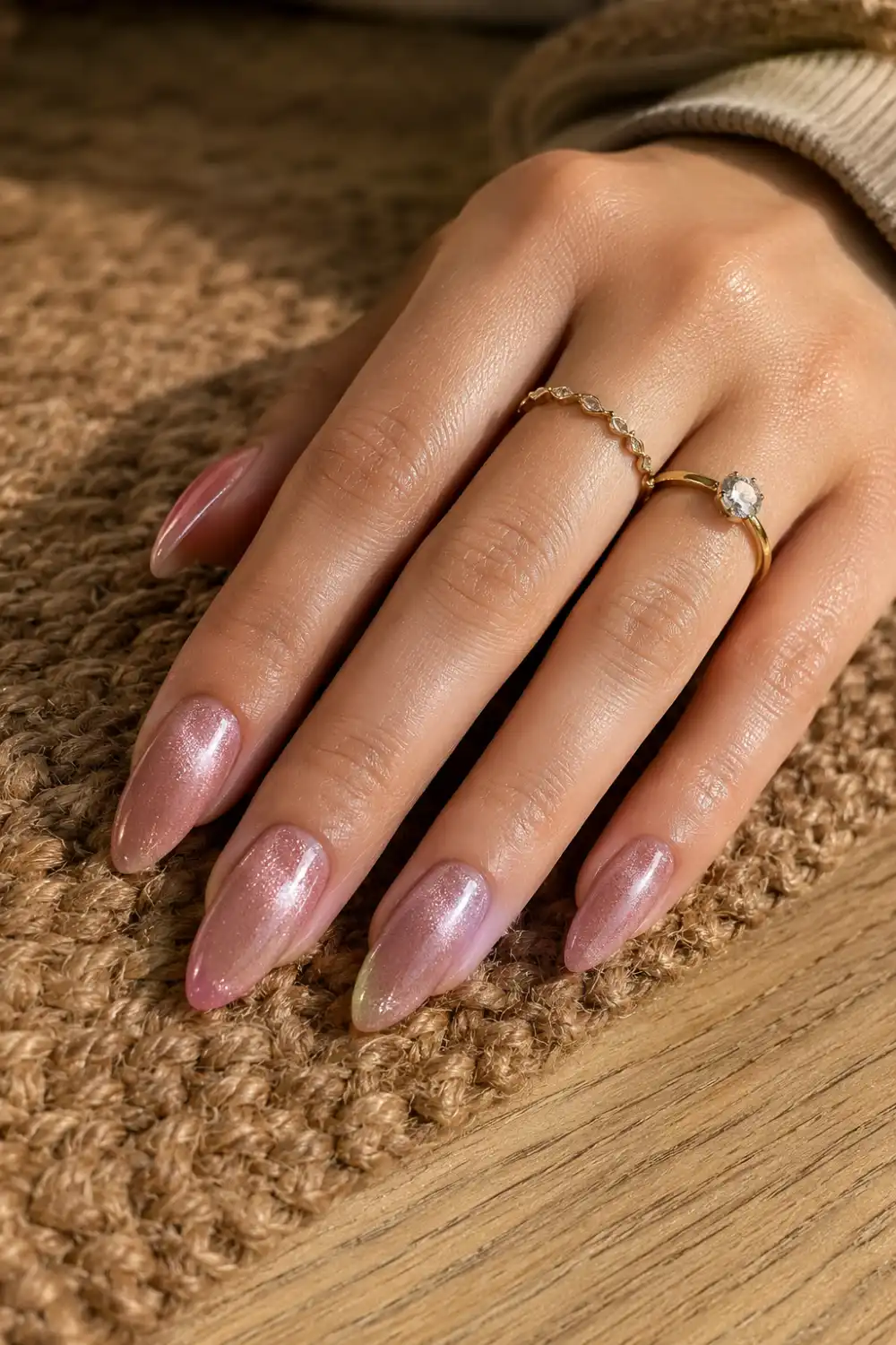 Soft nude rose cat eye nails with delicate shimmer and glossy finish on almond-shaped nails, photographed on a feminine hand with elegant rings and warm natural lighting.