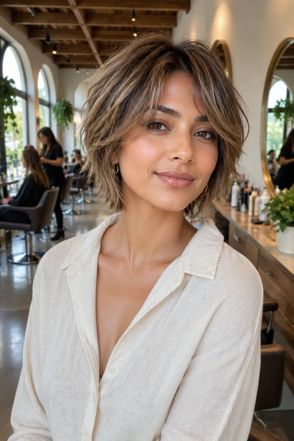 Woman with a Textured Beachy Bixie haircut featuring tousled layers, sun kissed highlights, soft volume, and a carefree salon styled finish, inspired by popular Summer 2026 short hair trends.