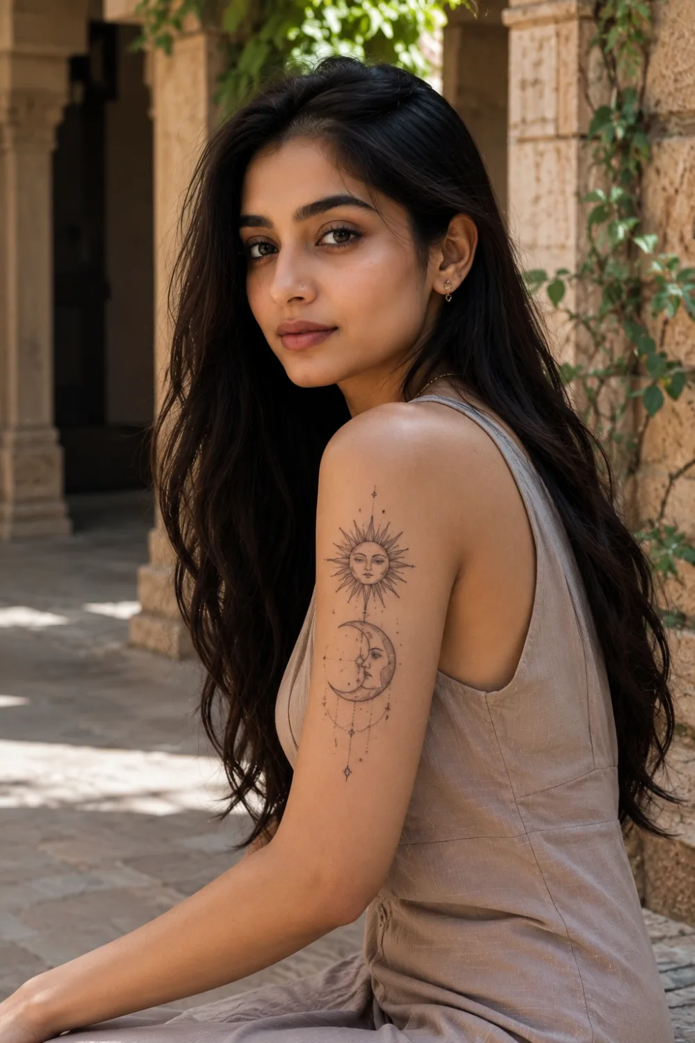 Sun and moon tattoo for women on upper arm featuring celestial artwork, fine line details, and symbolic black ink design