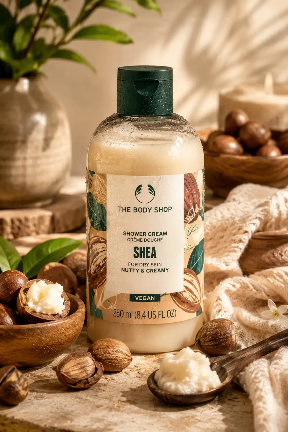 The Body Shop Shea Shower Cream bottle surrounded by shea nuts, creamy textures, natural fabrics, and warm spa-inspired décor, highlighting a nourishing shower cream for deeply hydrated skin.