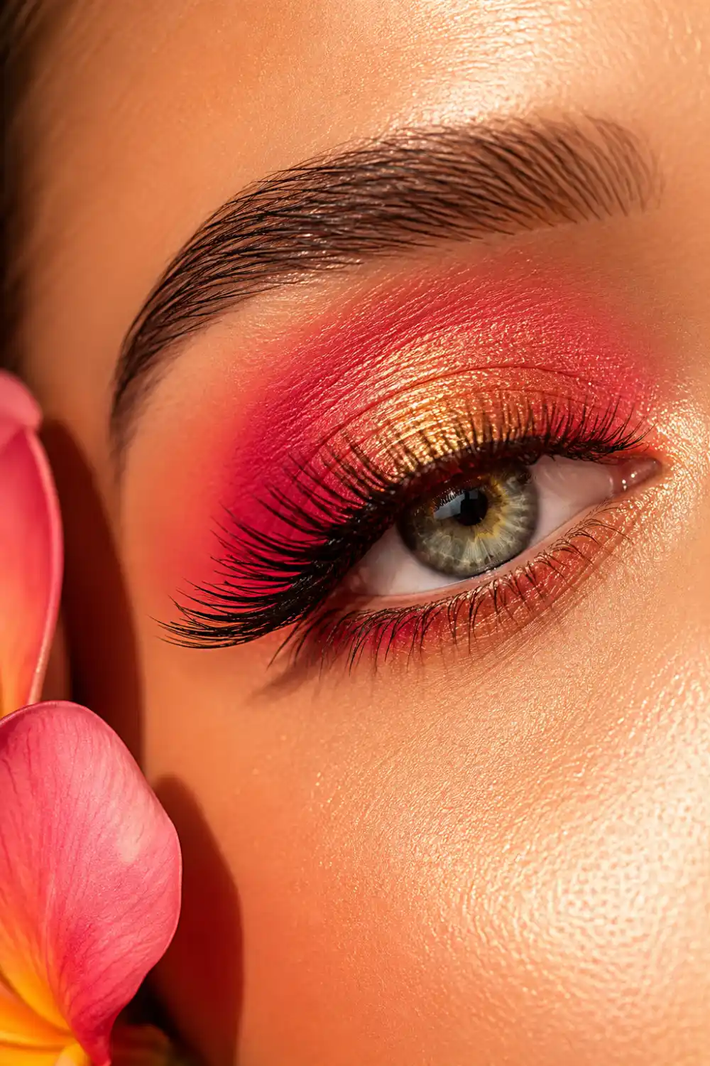 Vibrant tropical pink and gold eye makeup featuring bright pink eyeshadow, gold shimmer accents, dramatic lashes, glowing skin, and colorful vacation-inspired beauty styling.