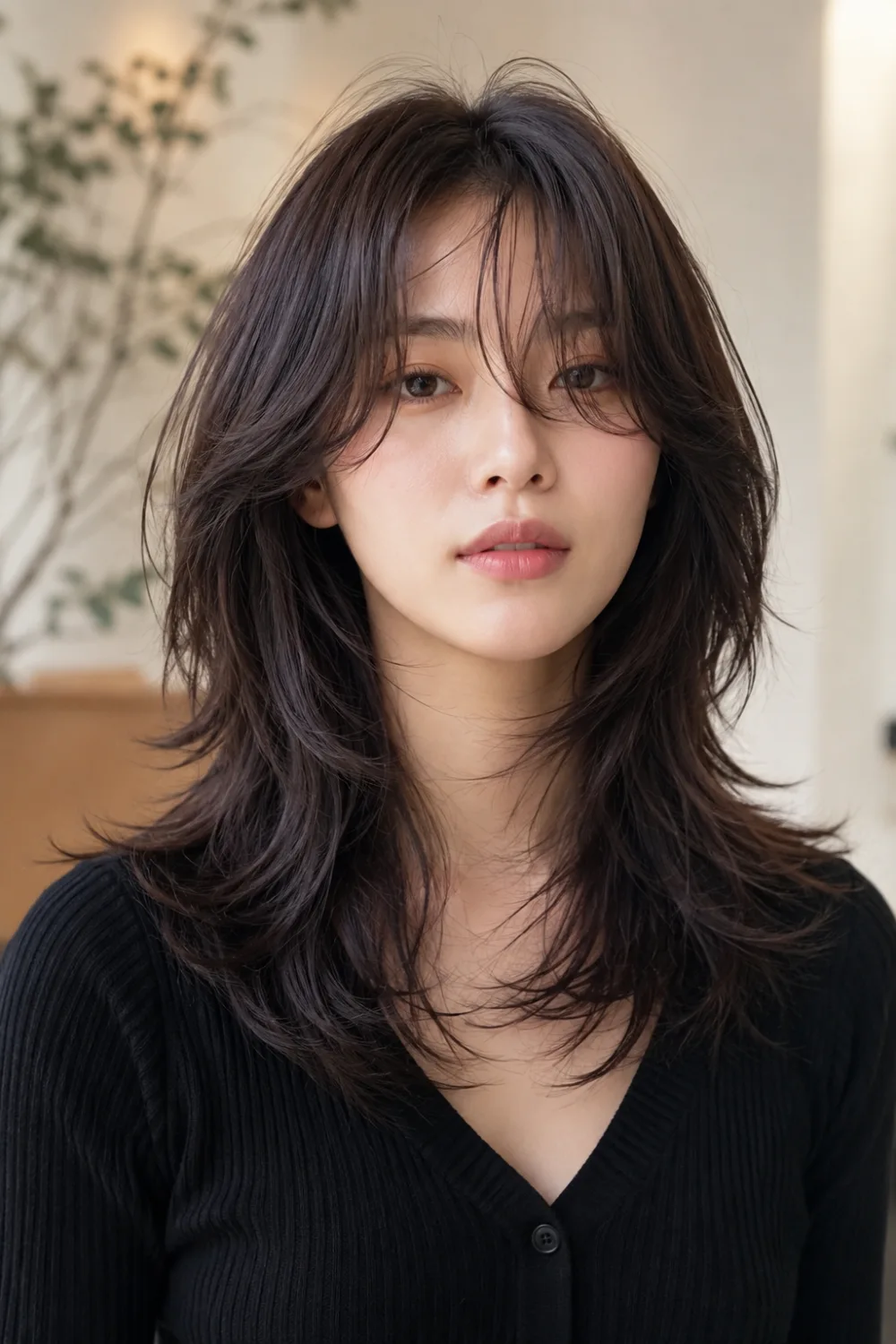 Woman with shag haircut and airy curtain bangs featuring textured layers and modern volume.