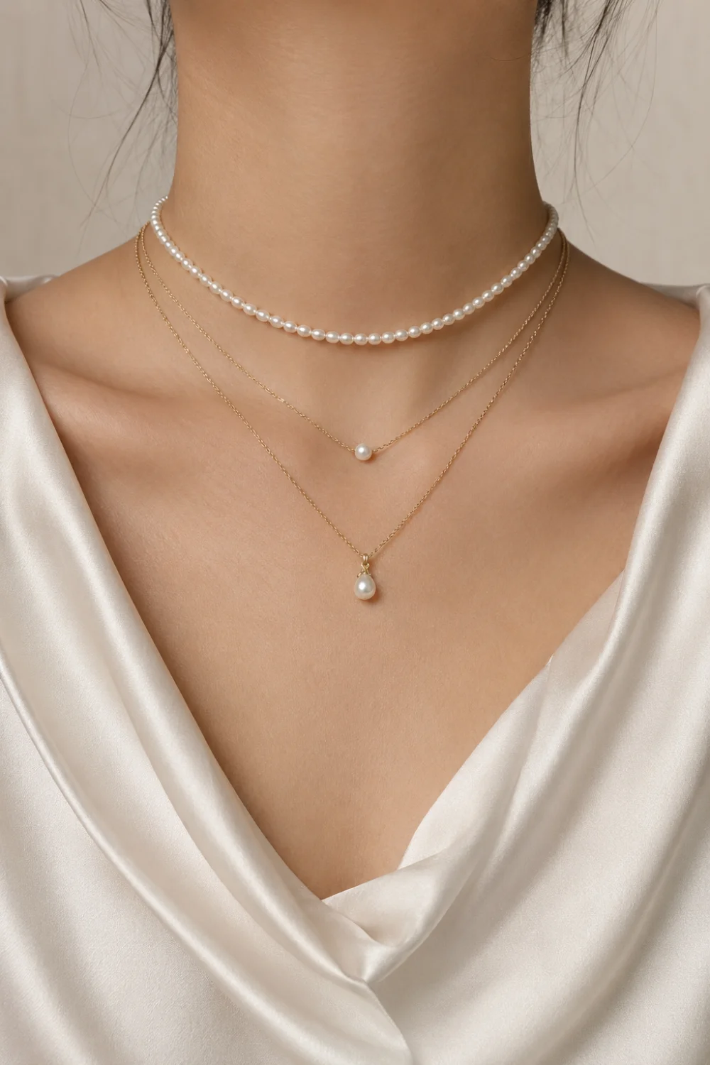 Woman wearing pearl and gold layered necklaces with a pearl choker and pearl pendant styled with a luxurious satin blouse.