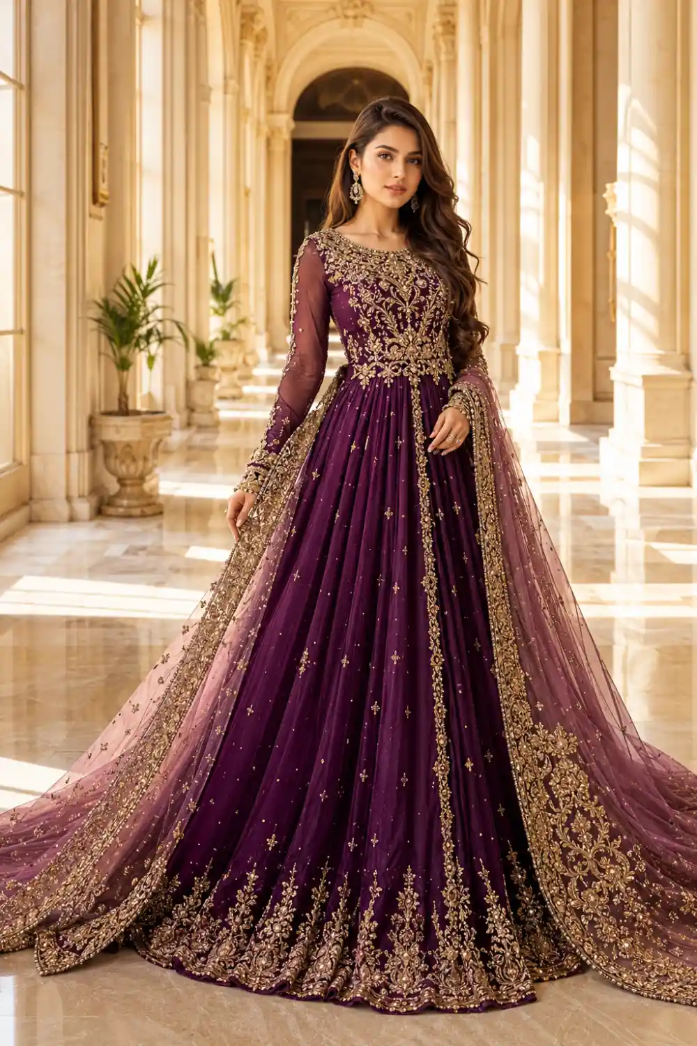 Plum purple Pakistani couture maxi dress adorned with champagne gold embroidery, crystal embellishments, intricate floral motifs, and a heavily embroidered net dupatta. Full-length designer gown perfect for wedding receptions, engagement parties, and luxurious Pakistani formal fashion.