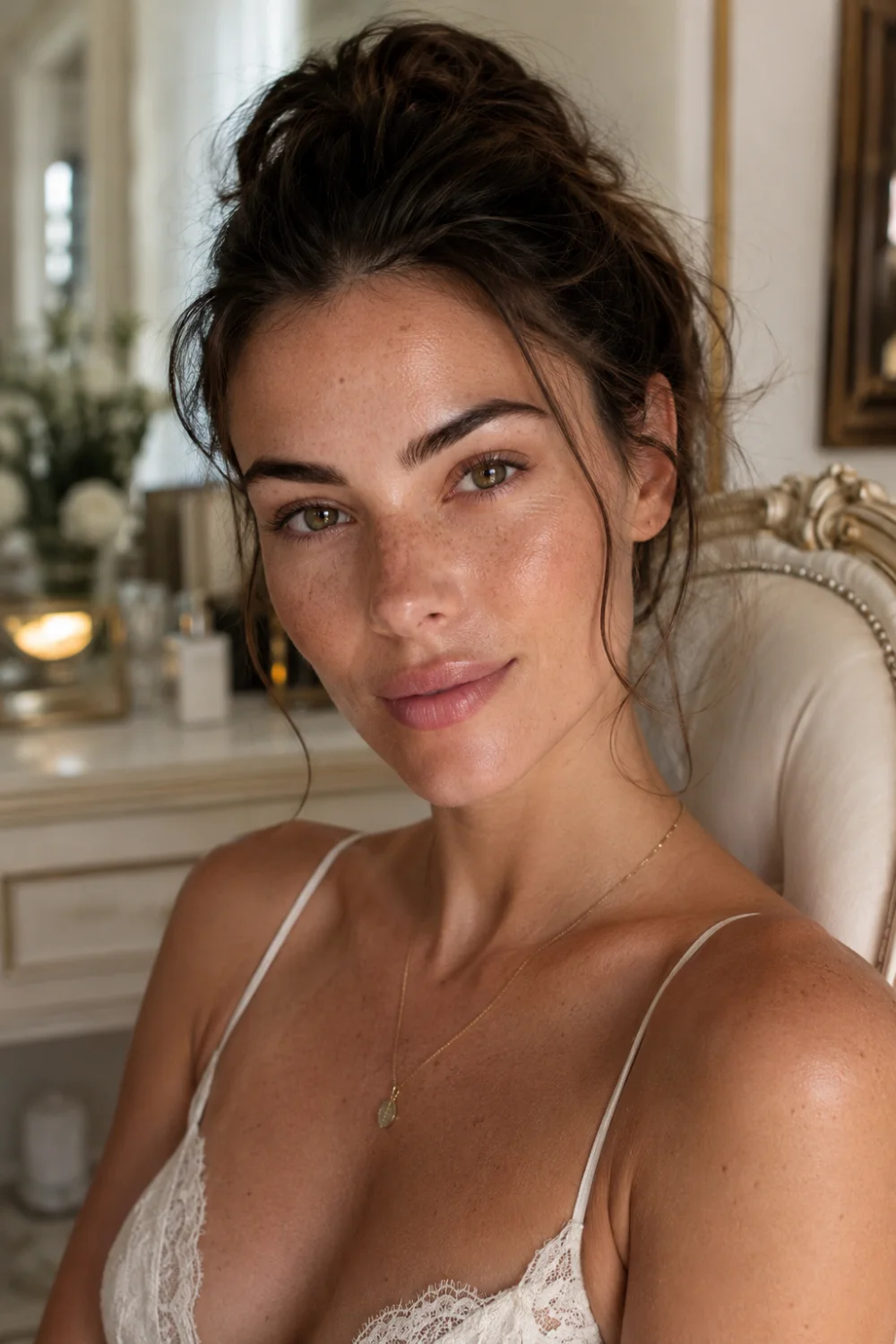 Beautiful freckled woman with glowing skin, natural makeup, soft pink lips, and fresh youthful beauty sitting in a luxury dressing room, highlighting authentic skin texture and effortless no makeup makeup aesthetics.