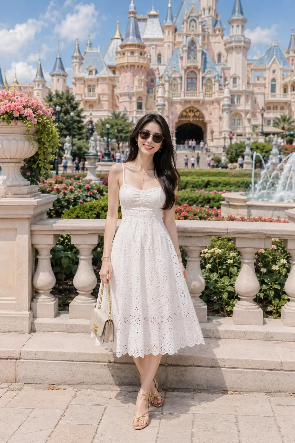 Woman wearing a white eyelet midi dress with gold sandals, delicate jewelry, and a luxury handbag while standing in front of a grand castle surrounded by gardens and decorative fountains.