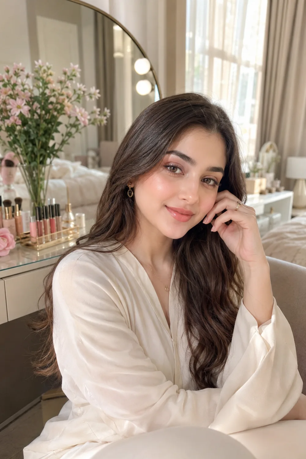 Beautiful woman wearing bright-eyed office makeup with soft neutral eyeshadow, illuminated complexion, fresh blush, and glossy nude lips while sitting at a modern dressing table in a bright bedroom. Elegant professional beauty inspiration for workplace confidence and style.