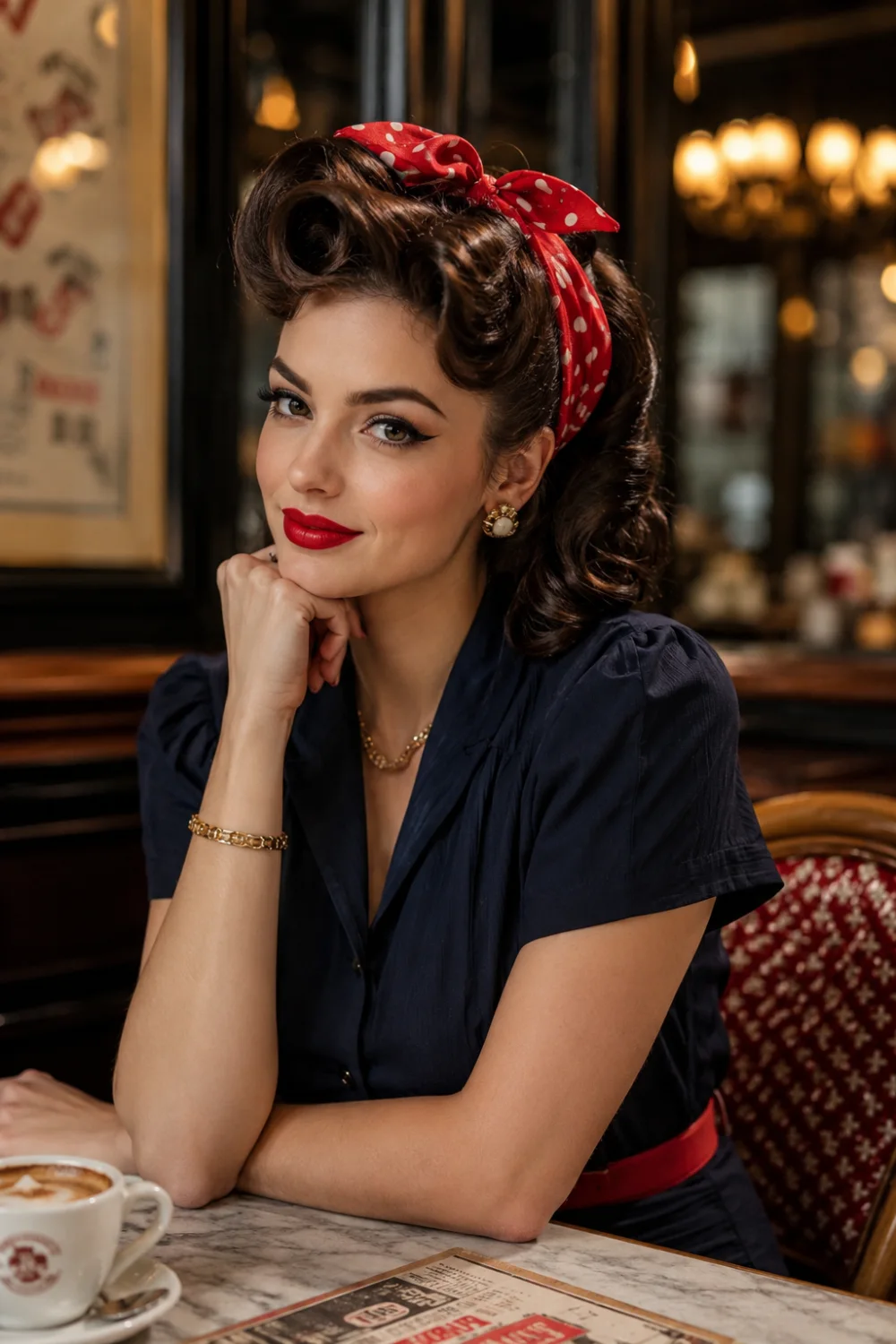 Vintage-inspired woman wearing a red polka-dot bandana with classic victory rolls, retro curls, bold red lipstick, and timeless 1950s fashion styling.