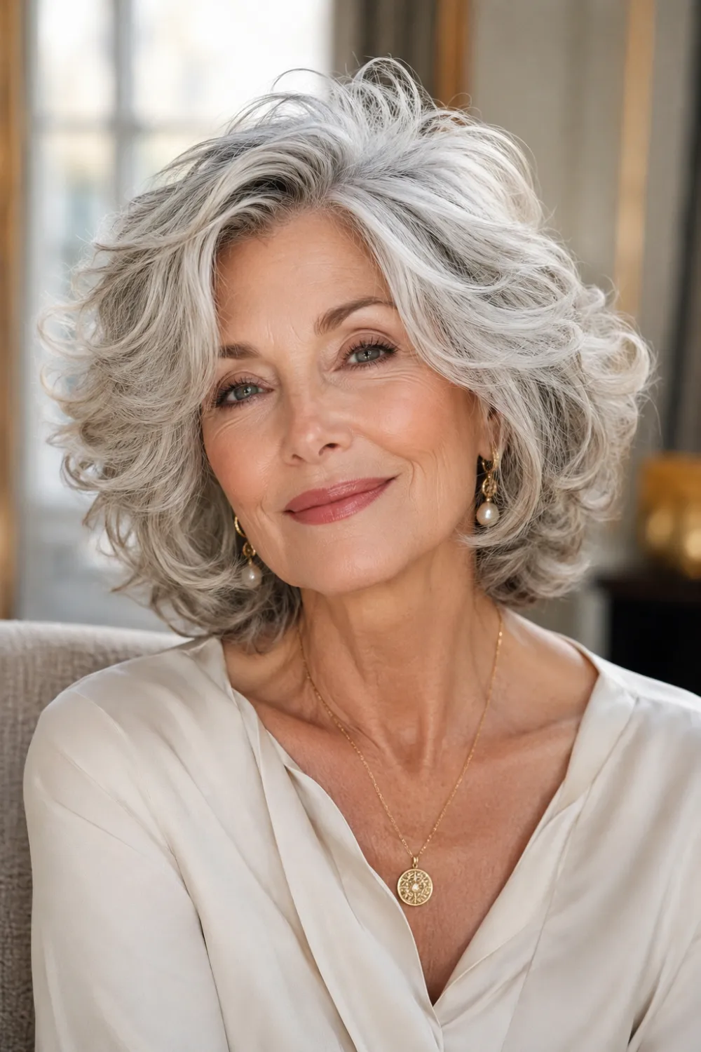 Curly layered bob hairstyle for older women with natural silver curls, voluminous layers, defined texture, face-framing shape, and full-bodied movement throughout the haircut.