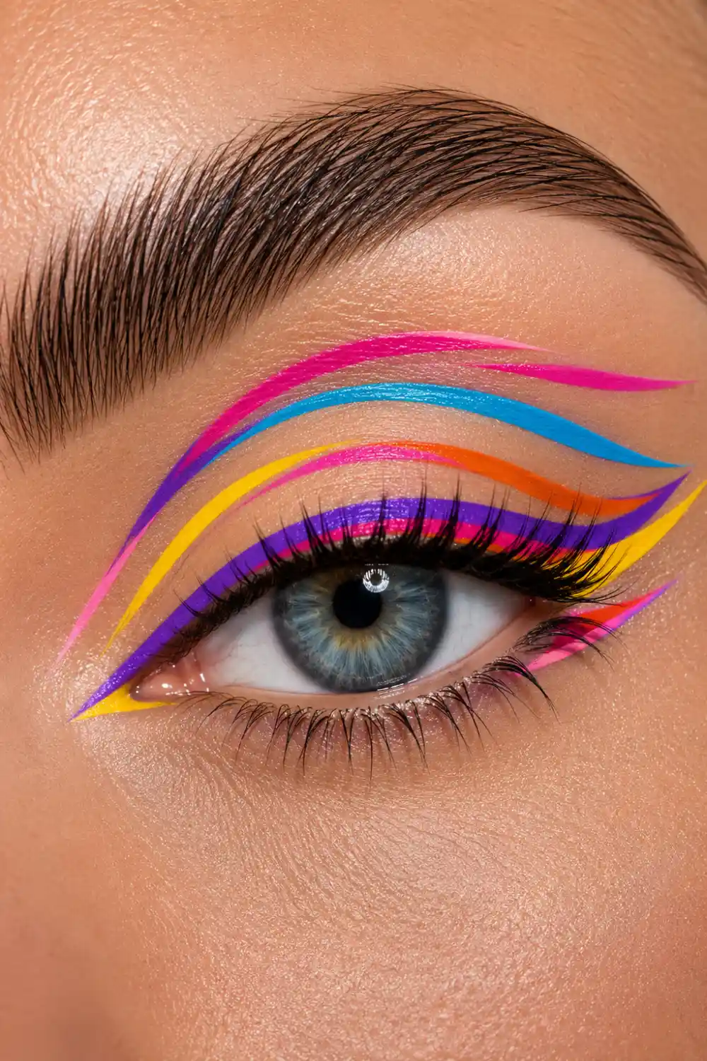 Multicolor floating eyeliner makeup featuring layered pink, blue, yellow, orange, and purple graphic liner designs above the crease, dramatic lashes, clean nude eyelid, and artistic beauty inspiration.