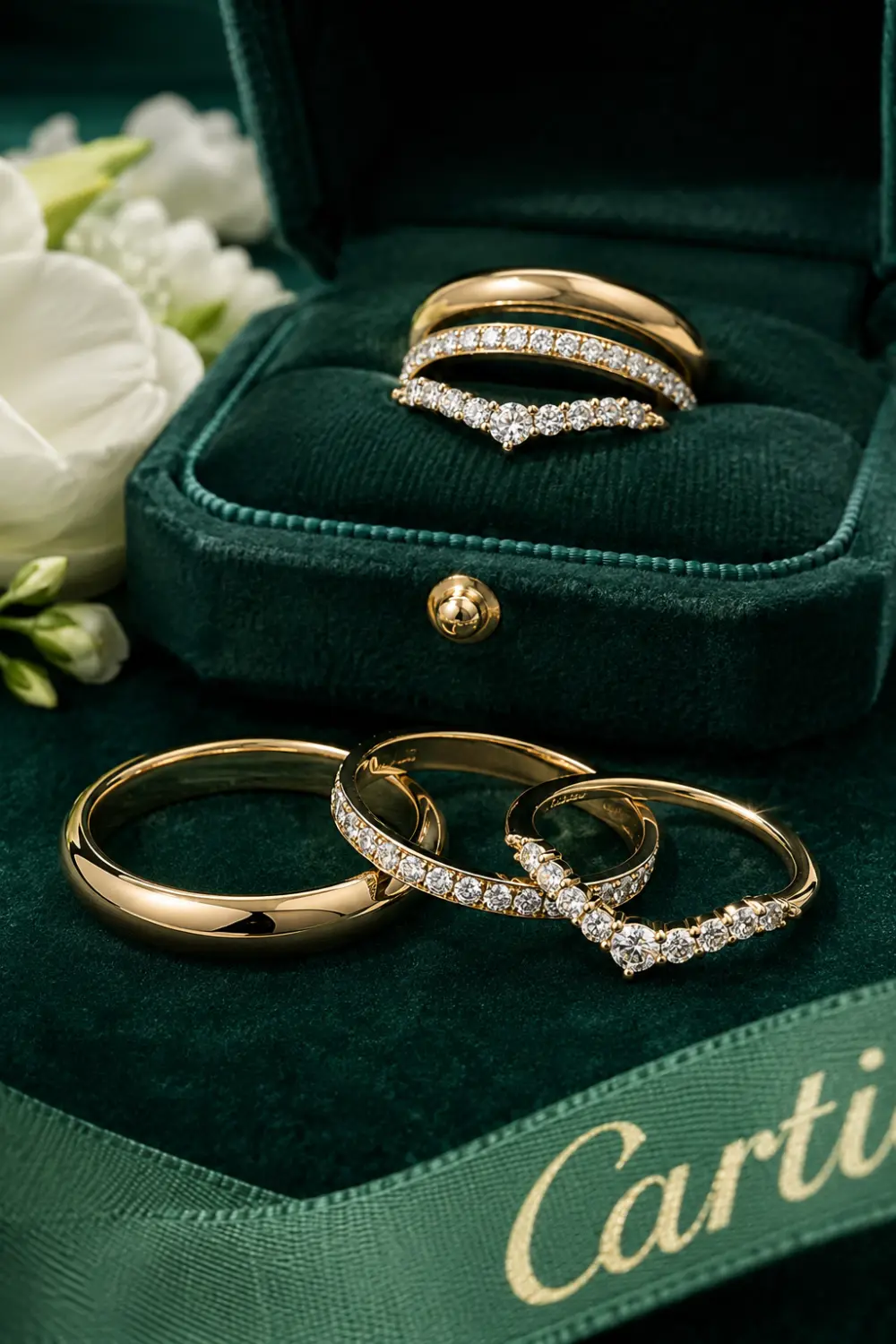 Stackable wedding ring set featuring multiple gold bands and sparkling diamond rings, luxury bridal jewelry display, elegant velvet ring box, customizable wedding ring inspiration for modern brides.