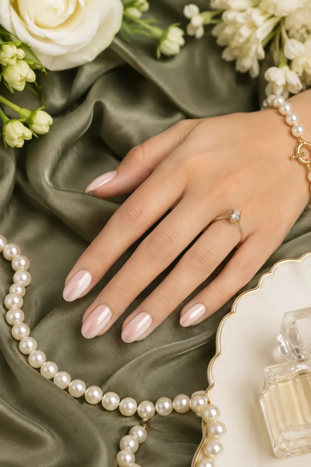 Short glazed donut nails with glossy pink nude chrome finish, minimalist natural manicure on short nails with pearl accessories and luxury beauty styling