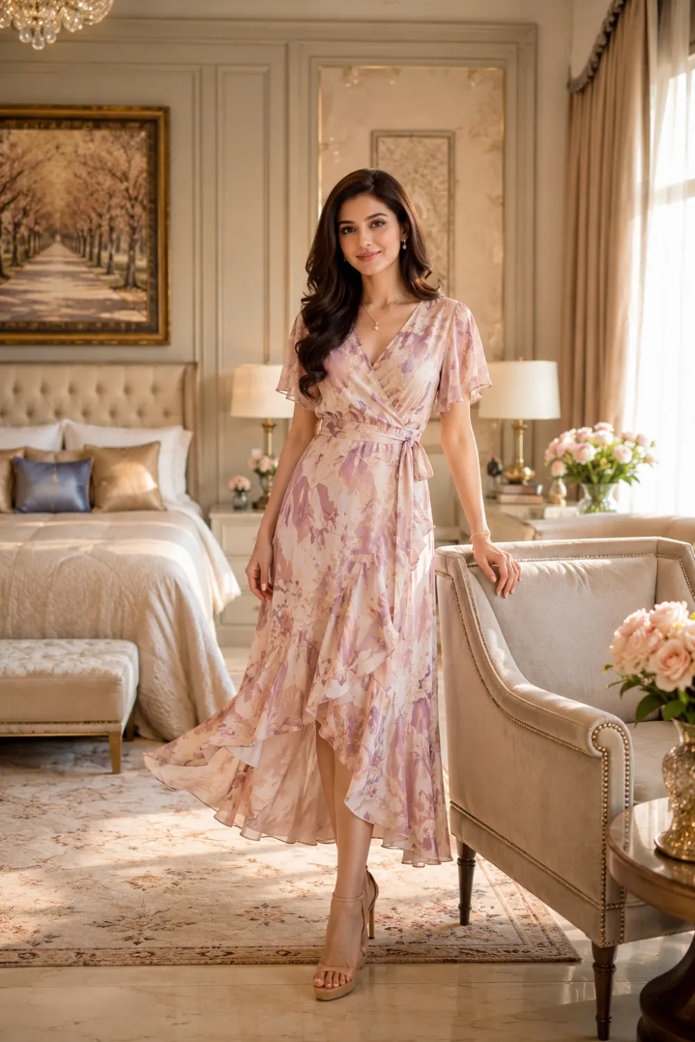 Woman wearing a floral wrap midi dress with soft pastel prints and nude heels, posing inside a luxurious bedroom suite with elegant furnishings, romantic summer date night outfit inspiration.