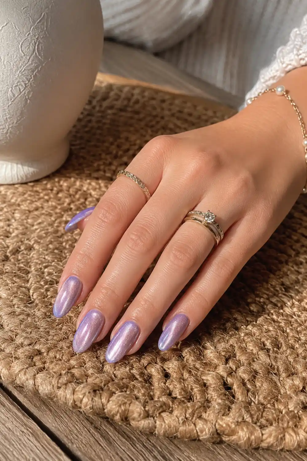 Lavender cat eye nails with pearly magnetic shimmer on almond-shaped nails, displayed on a feminine hand resting on a textured woven rug with delicate jewelry accents.