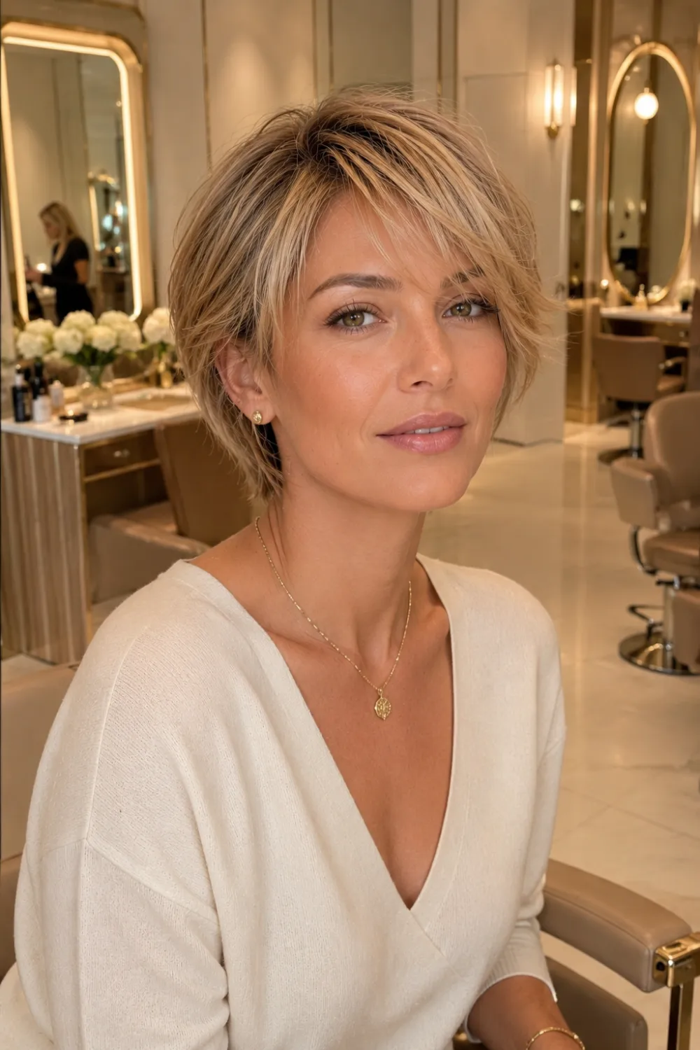 Woman with a French Blonde Bixie haircut featuring layered blonde hair, soft volume, airy texture, and elegant face framing details in a luxury salon, inspired by chic Summer 2026 hair trends.
