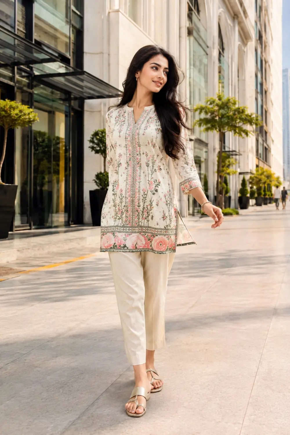 Young Indian woman wearing a printed short kurti with cream straight pants and flat sandals, walking confidently through a luxury shopping district, stylish Indo-western summer outfit.